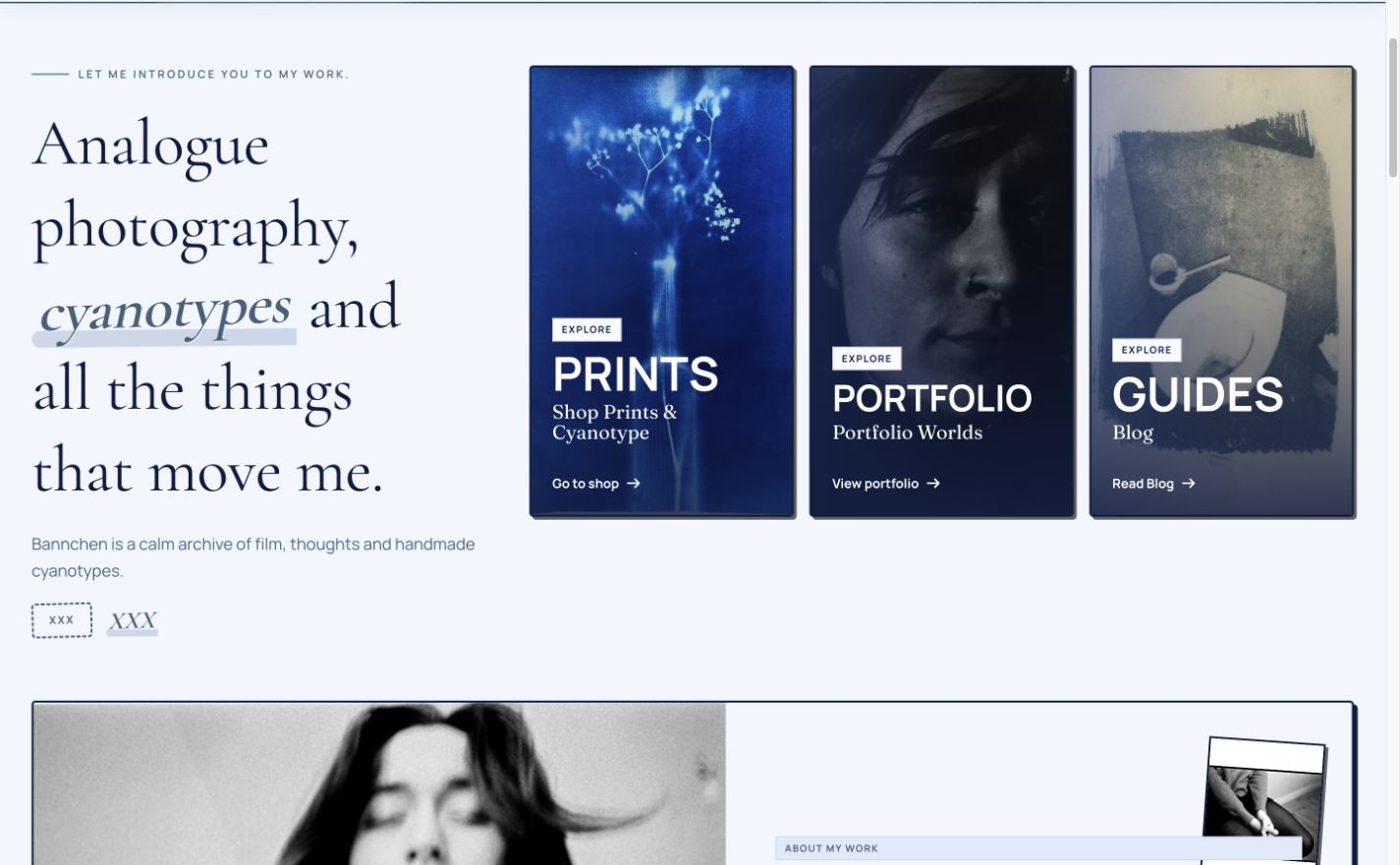 Bannchen Cyanotype- und Portfolio-Website auf dem Desktop