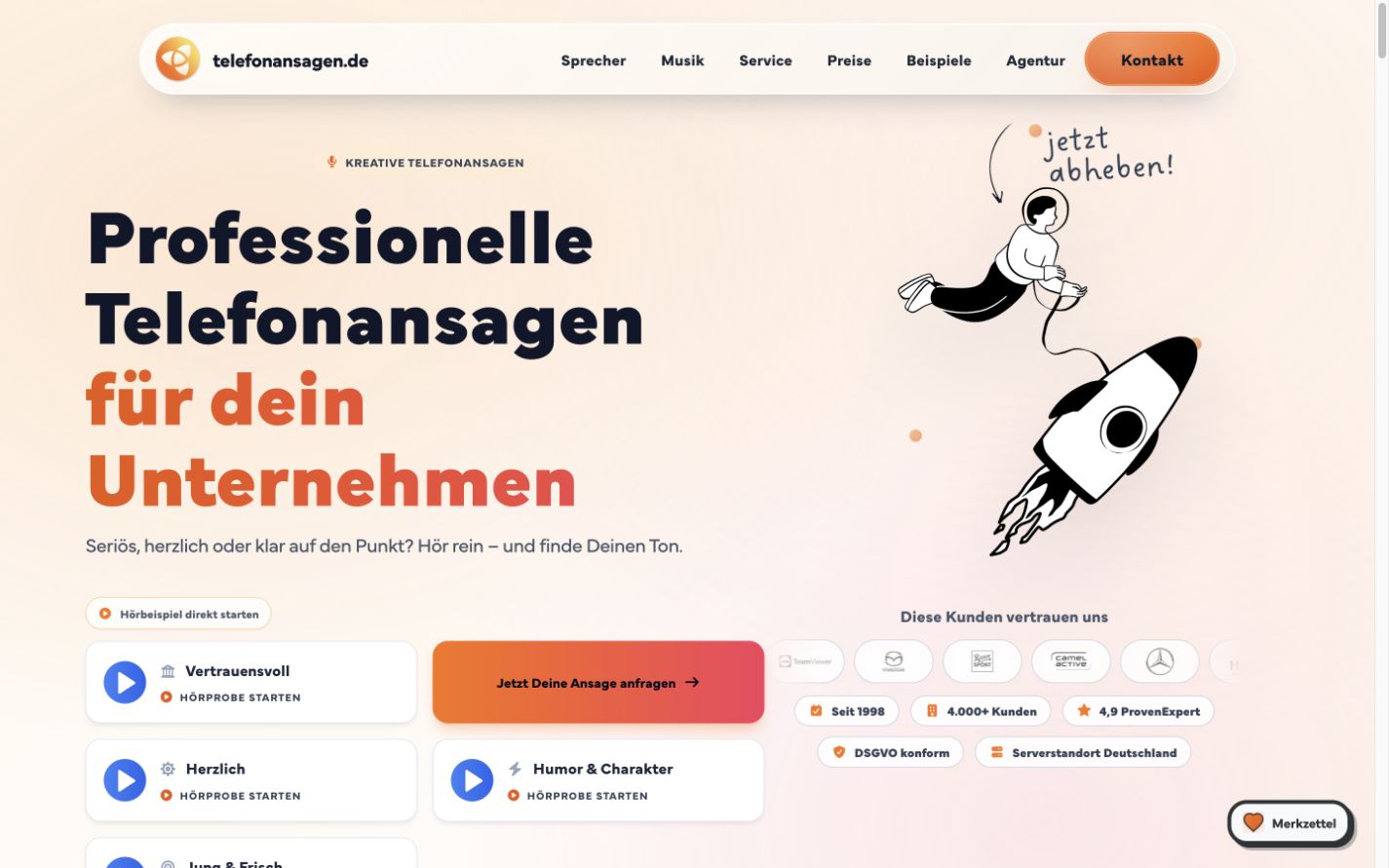 Telefonansagen – Desktop-Website-Ansicht